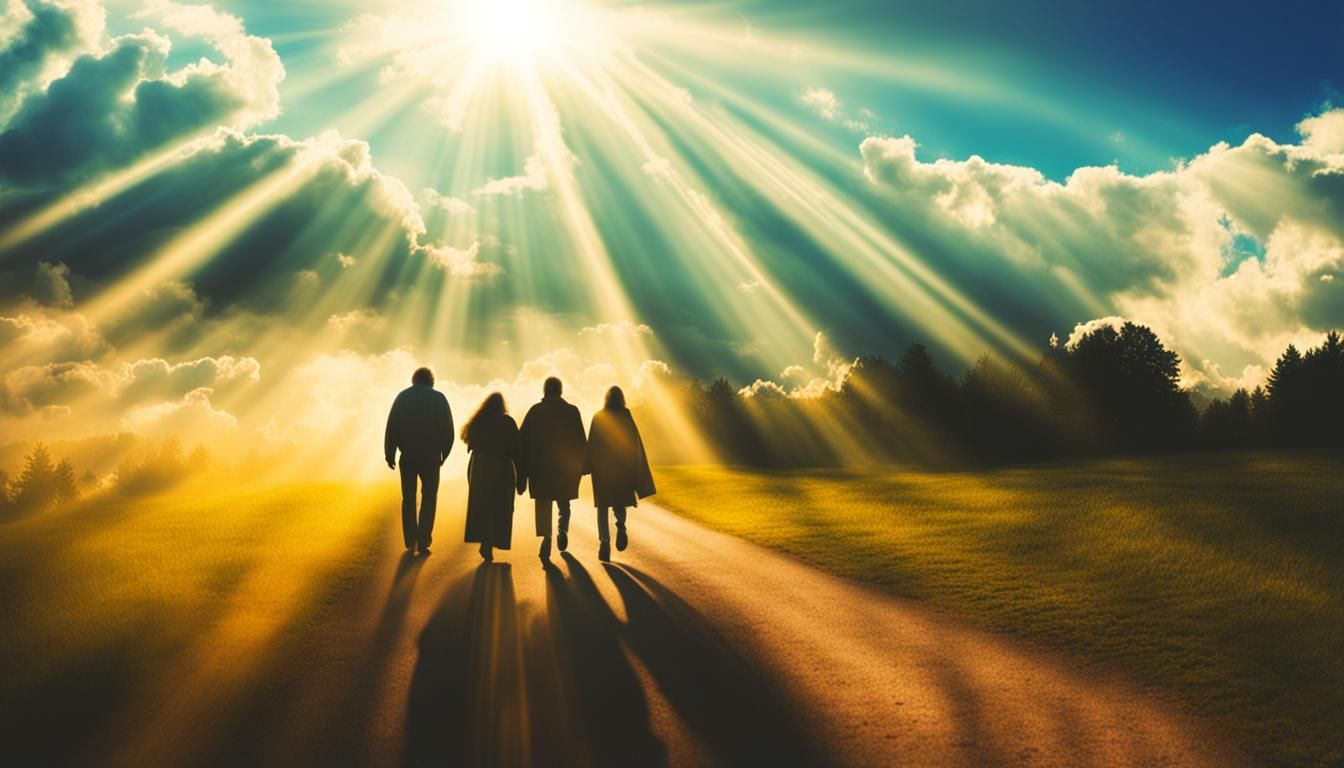 Divine Light Illuminates Ethereal Figures in Clouds