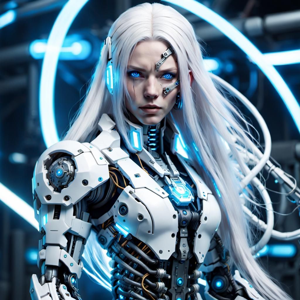 Battle-Damaged Cyborg Girl with LEDs in Sci-Fi Style