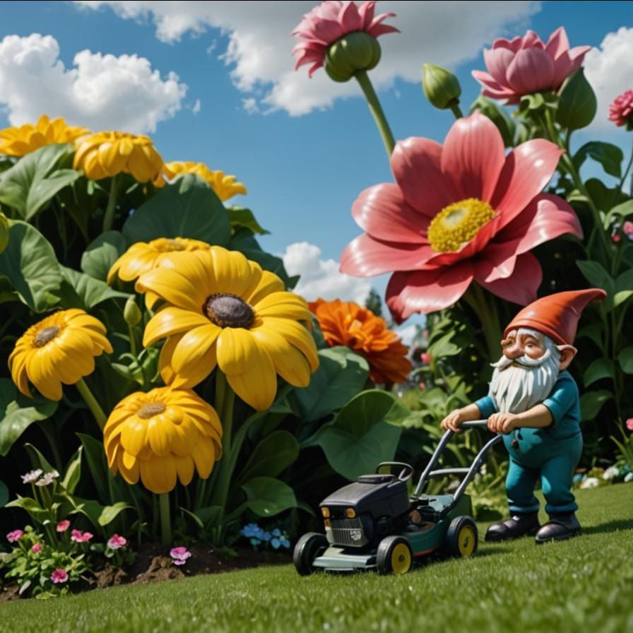 Gnome Mowing Lawn Beside Giant Surreal Flowers