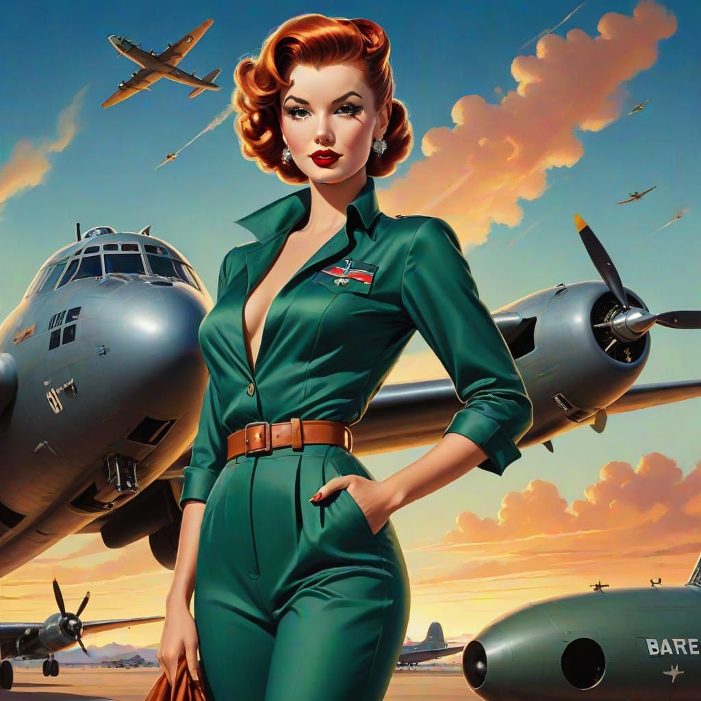 Confident 1940s Pin-up in Emerald Green