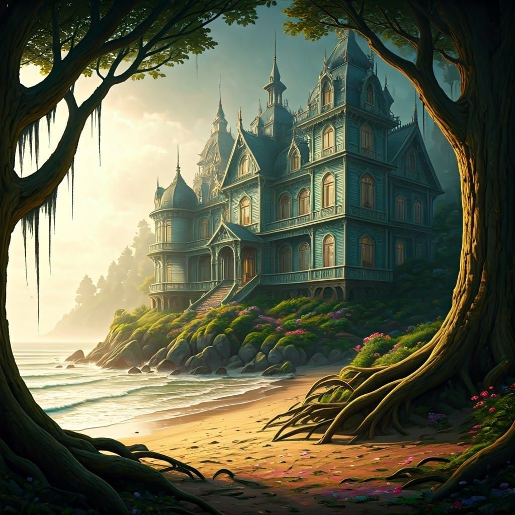 Ethereal Victorian Mansion Amidst Lush Forest and Beach