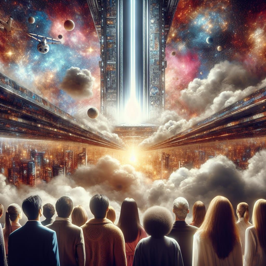 People Gaze at Space Elevator in Digital Matte Painting