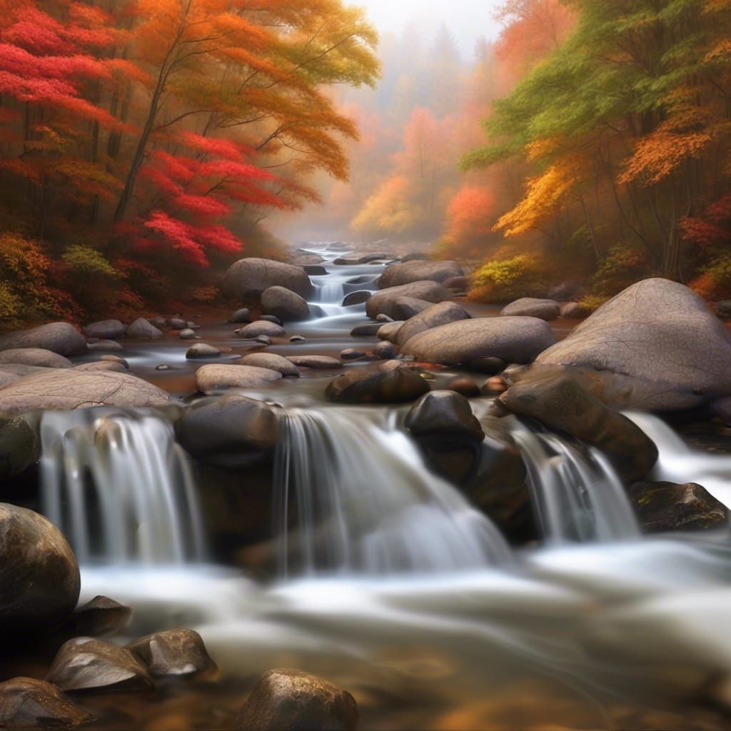 Autumn Mountain Landscape with Waterfall in 3D
