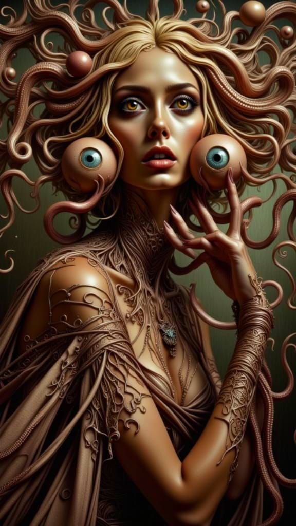 Dark Muse Portrait with Tentacle Eyes in Opulent Silk