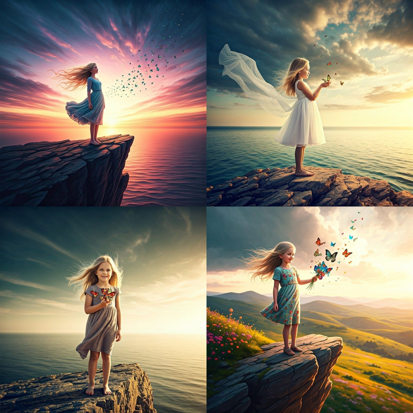 Girl on Cliff with Butterflies, Hyperrealistic Splash Art