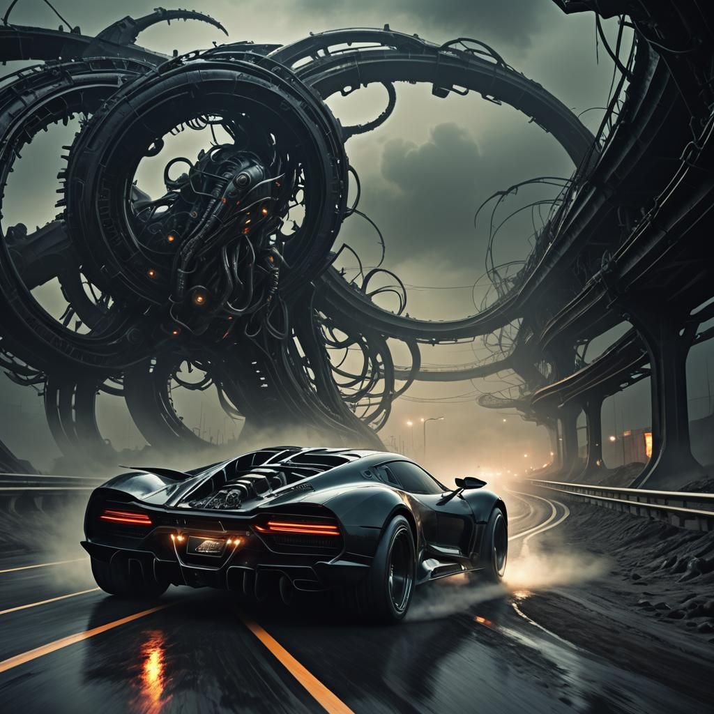Biomechanical Race Car on Twisted Track in Dark Fantasy