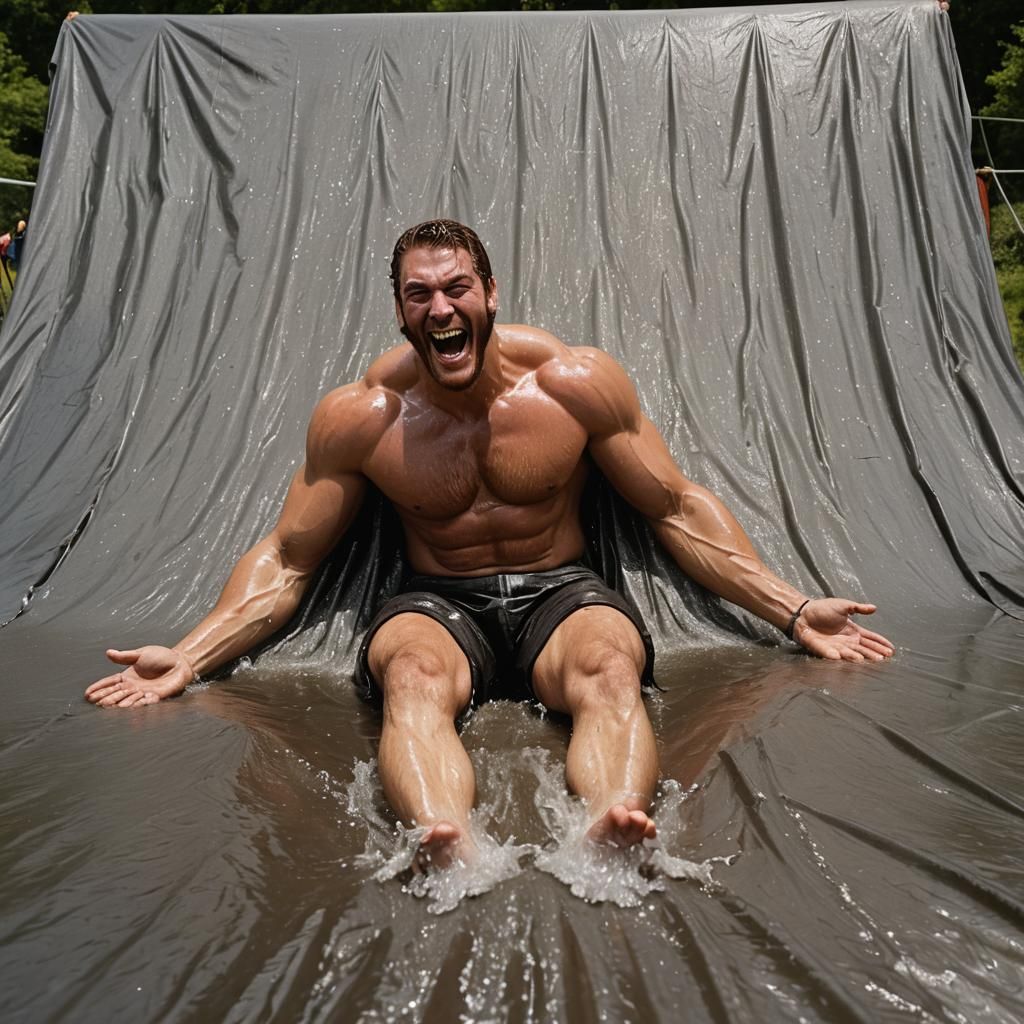 Giant Man Slides on Waterslide: Humorous AI Image