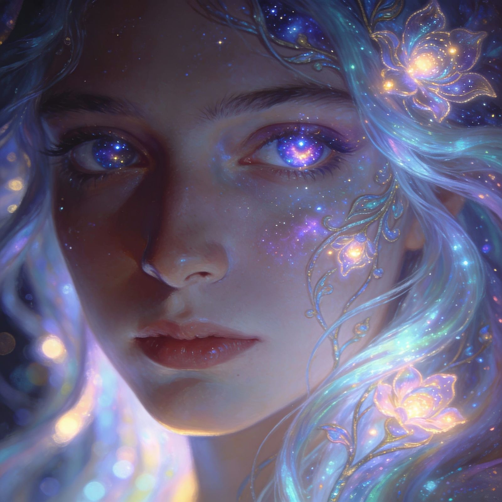 Ethereal Woman with Bioluminescent Hair and Starlight Eyes