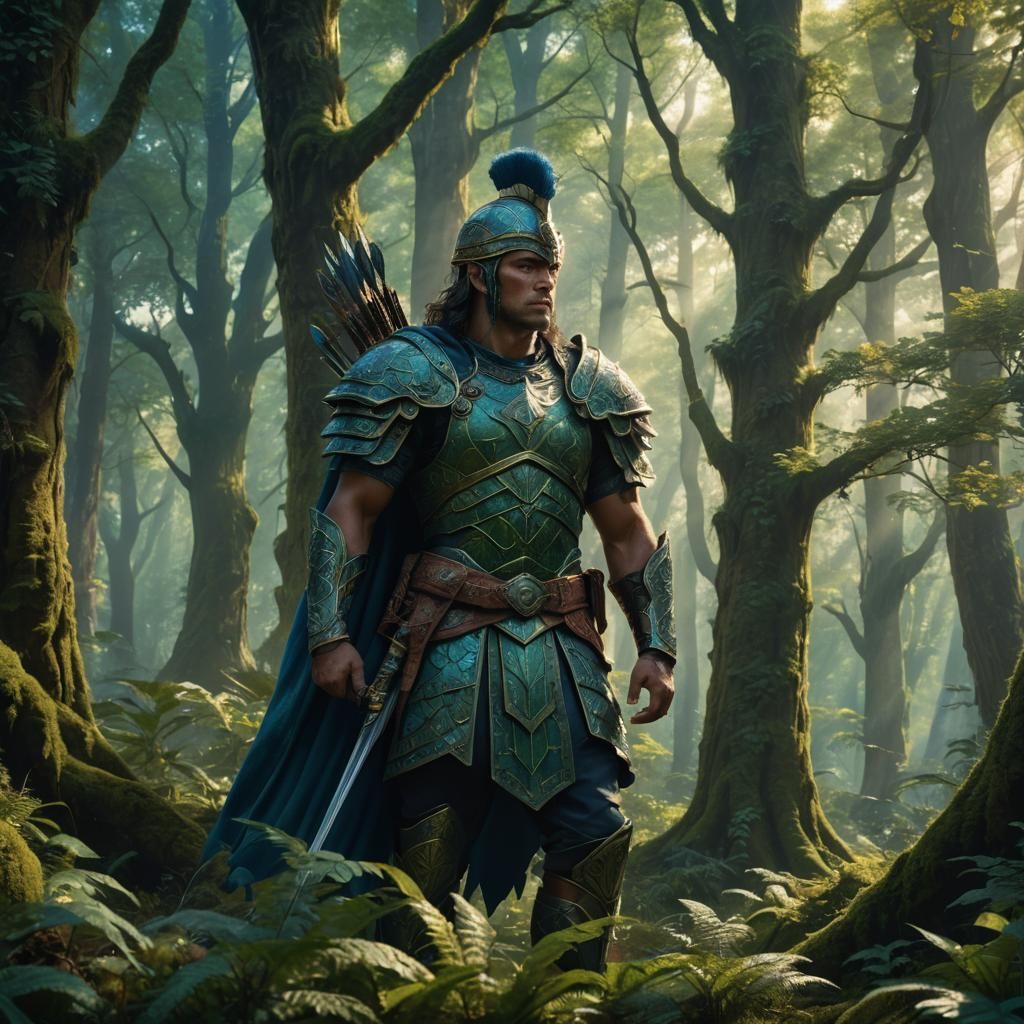 Majestic Warrior in Mystical Forest: Fantasy Concept Art