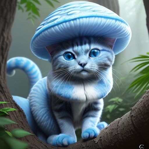 Cerulean Cat with Mushroom Cap in Cartoon Style
