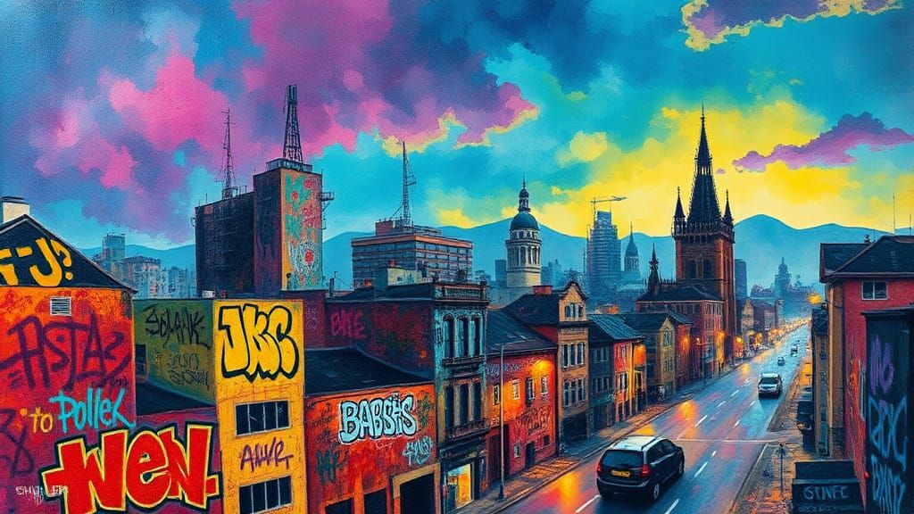 Graffiti Cityscape with Watercolor Sky, in Impasto Style