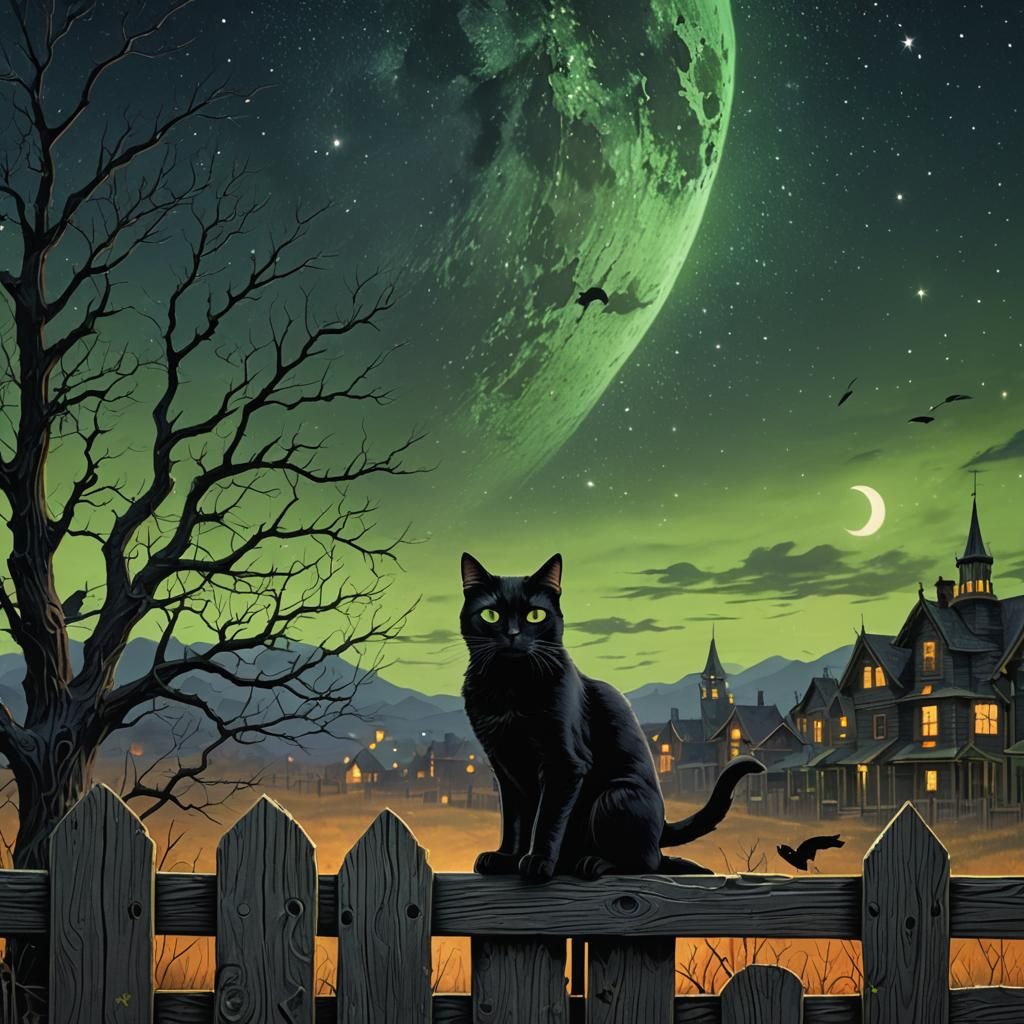 Black Cat on Halloween Night, Digital Art