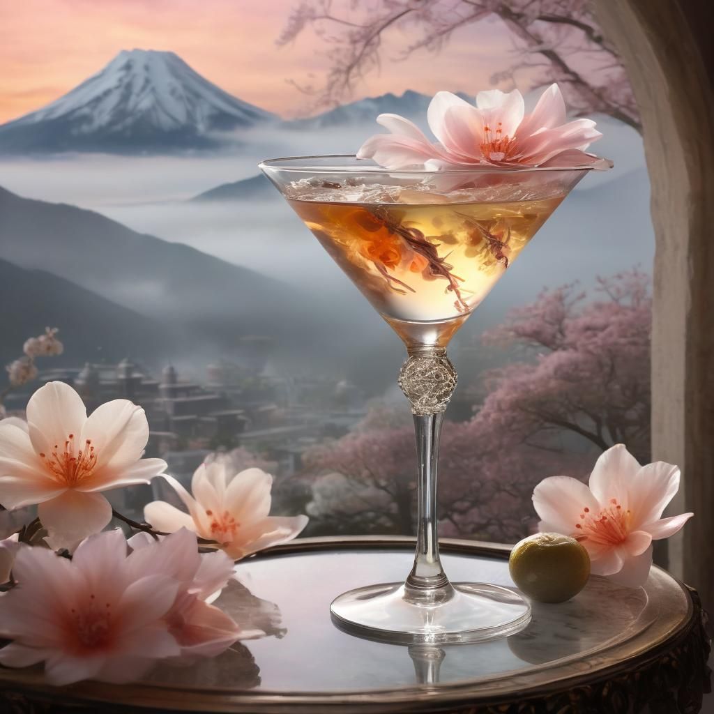Martini Glass with Flowers and Mountain Landscape