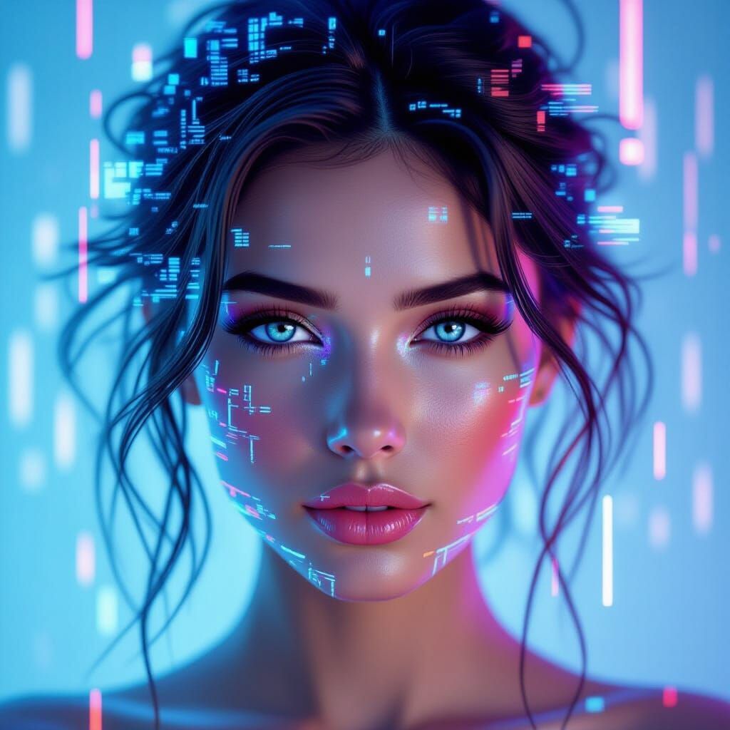 Woman's Face Dissolving into Blue Neon Pixels