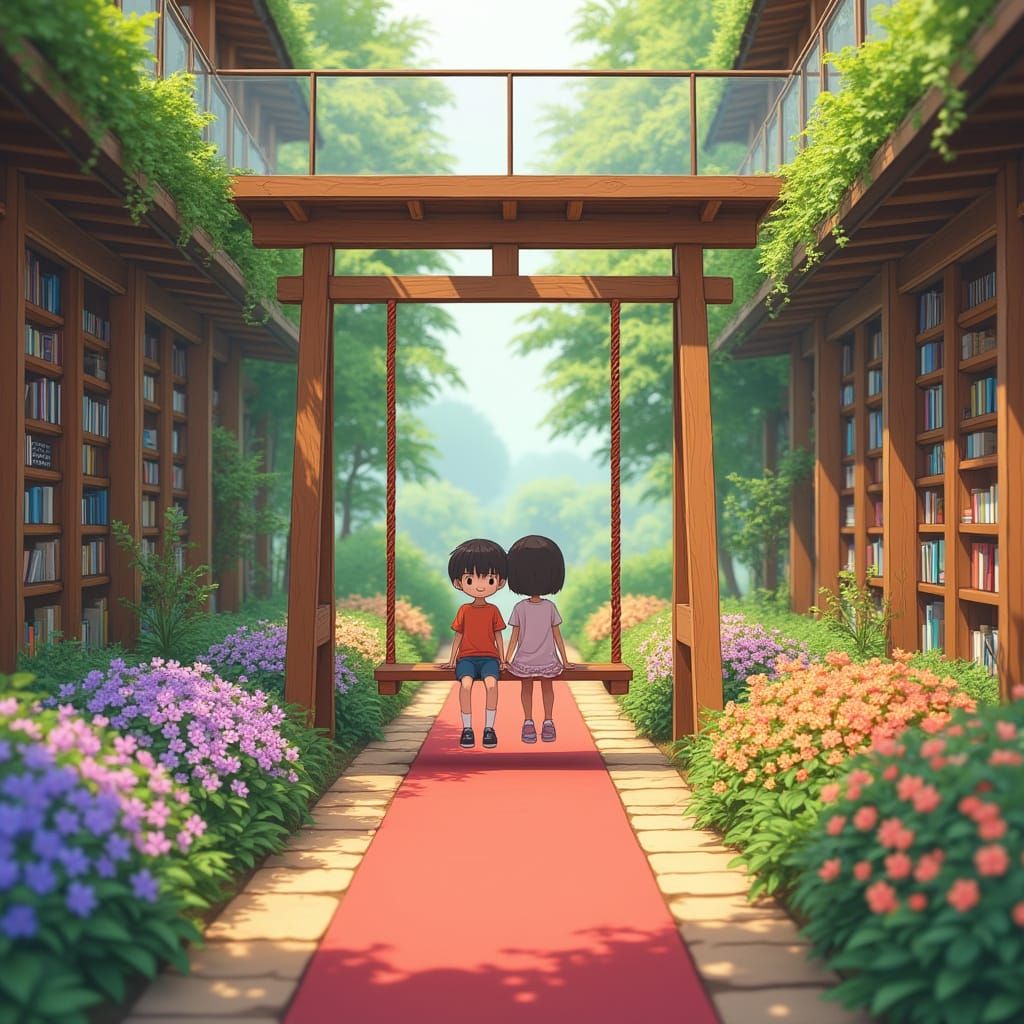 Anime Couple in Cozy Indoor Garden, Ghibli-Inspired