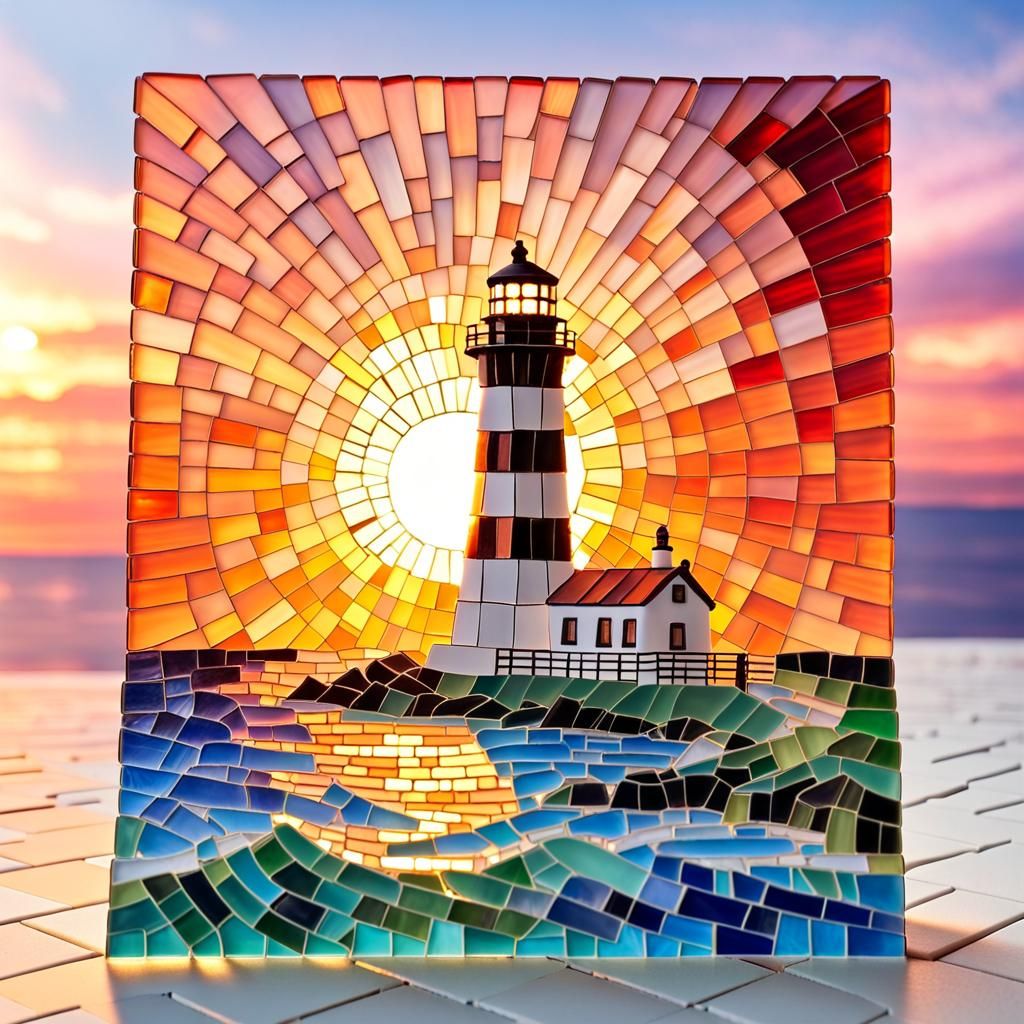 Vibrant Mosaic Lighthouse at Sunset
