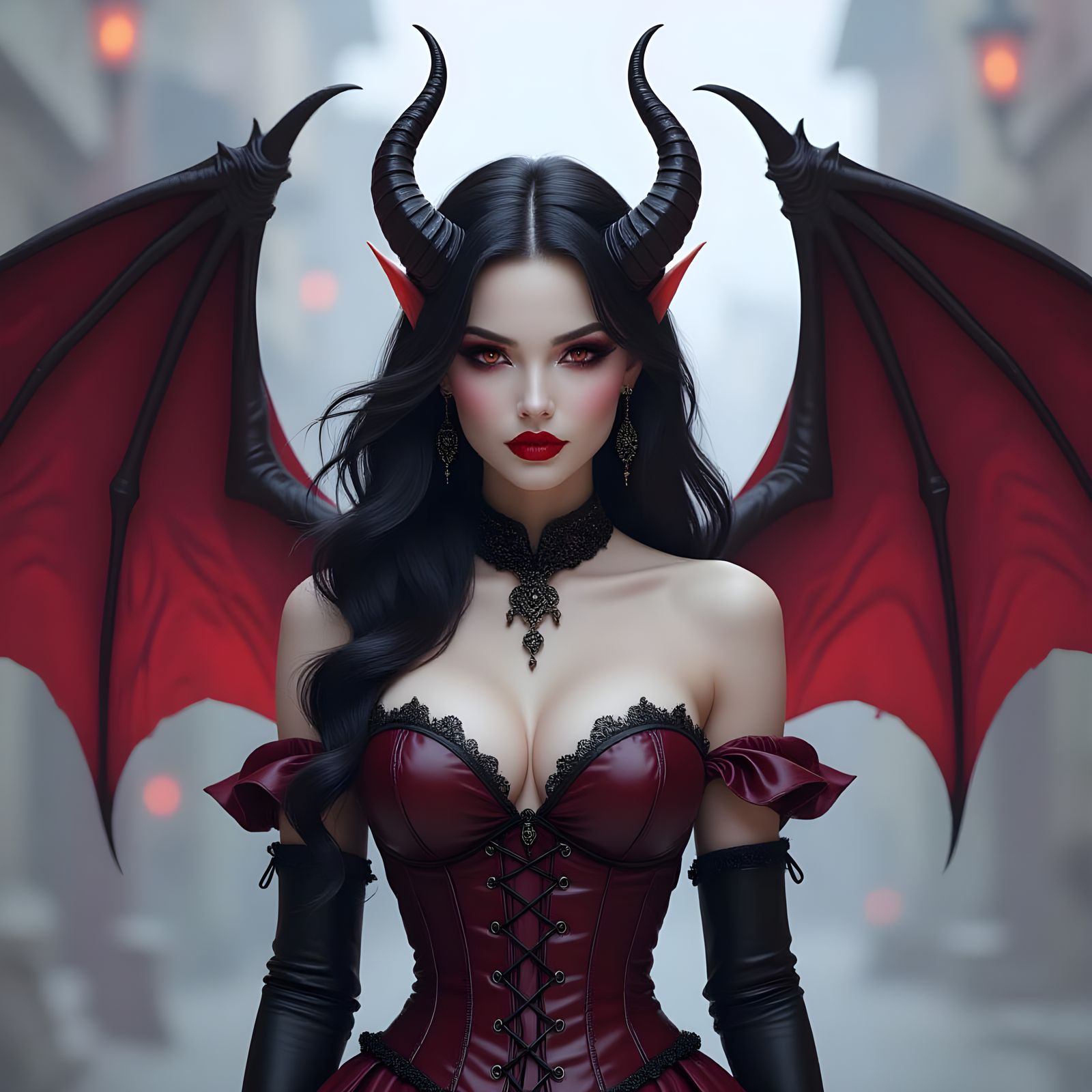 Elegant Demonic Woman with Bat Wings in Crimson Light