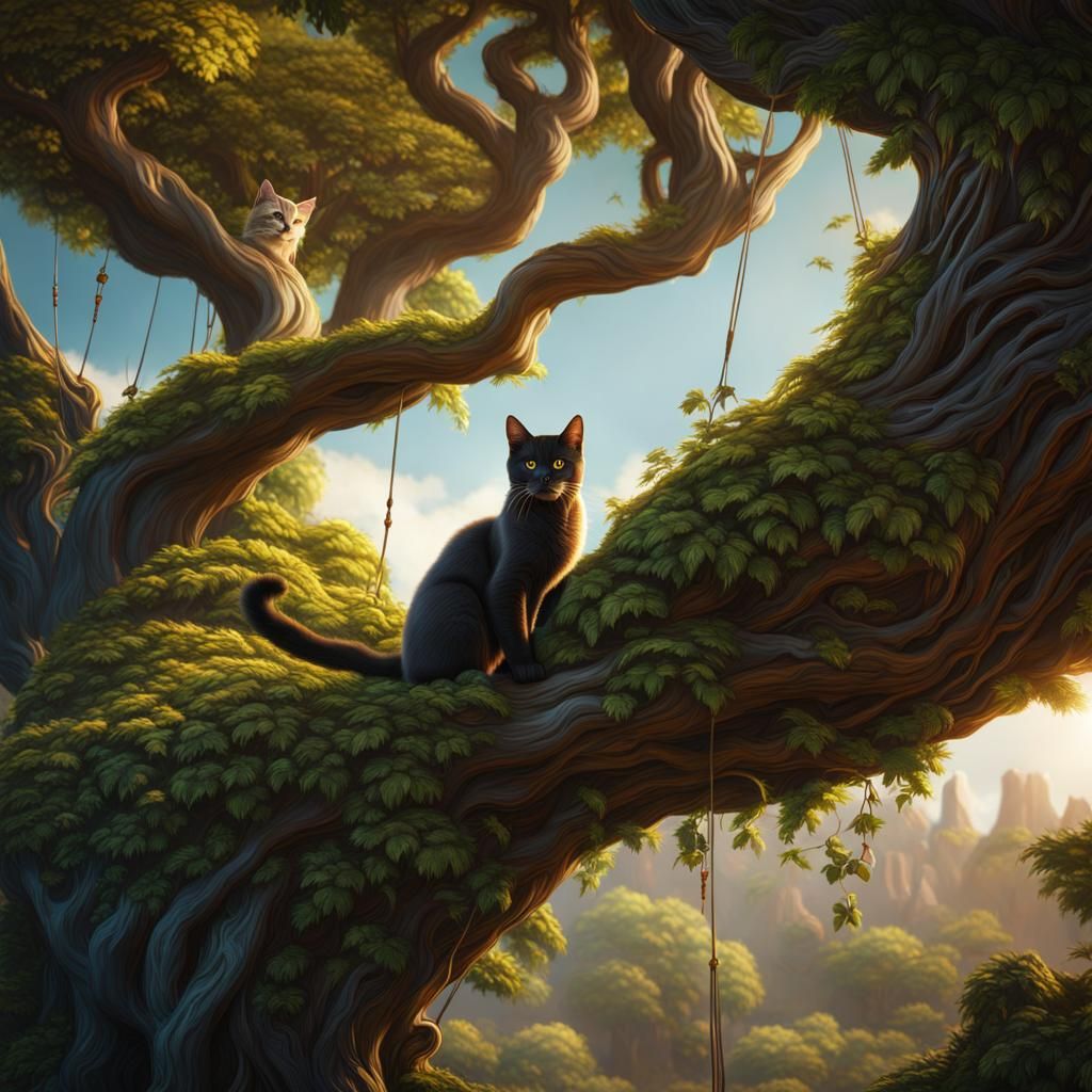Fantasy Cat Climbing Tree in Detailed Matte Painting
