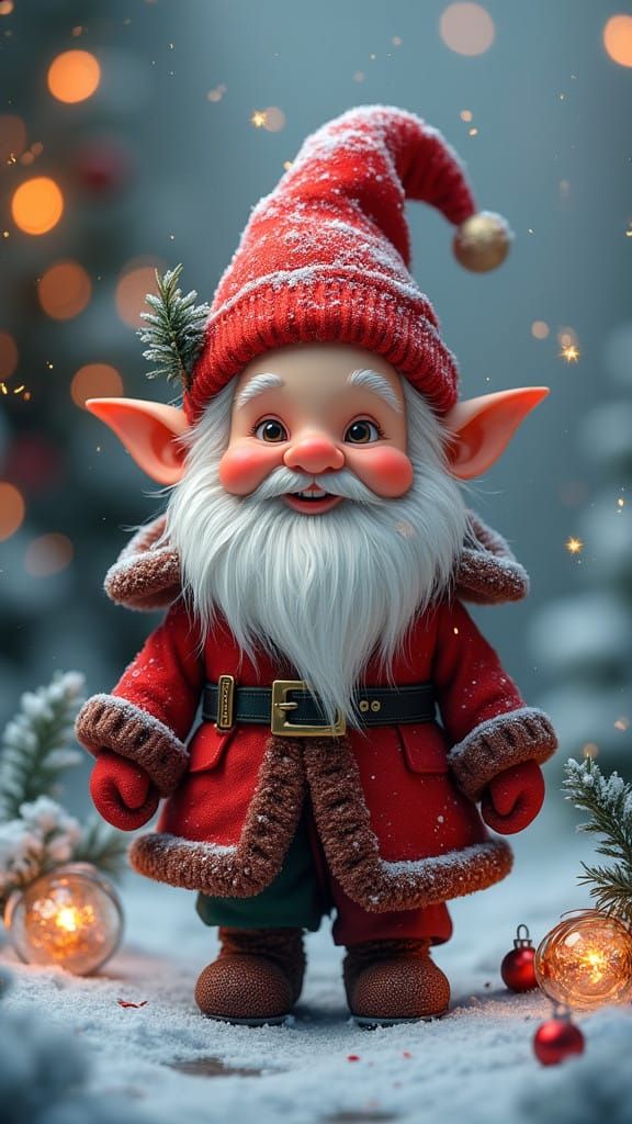 Whimsical Winter Wonderland with Smiling Gnome in Festive At...