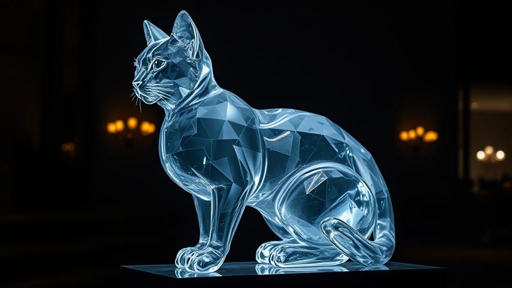 Stunning Glass Cat Statue Illuminated in Darkness