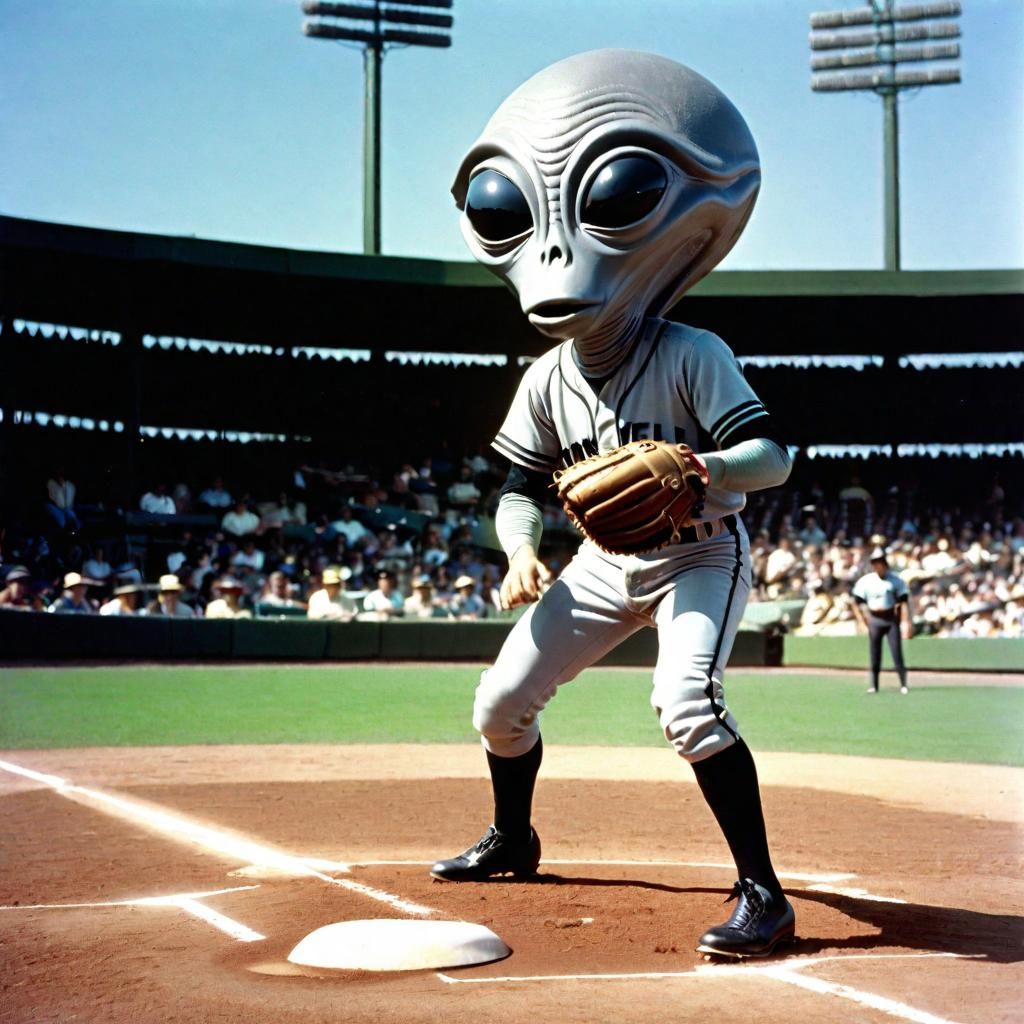 Roswell Alien Baseball Player in 1970s Style