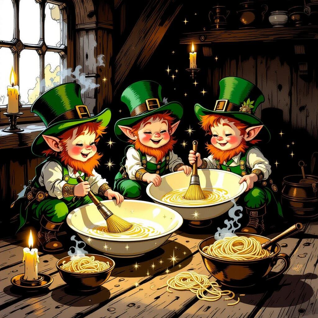 Steampunk Leprechauns Cleaning Dishes with Magical Gleam
