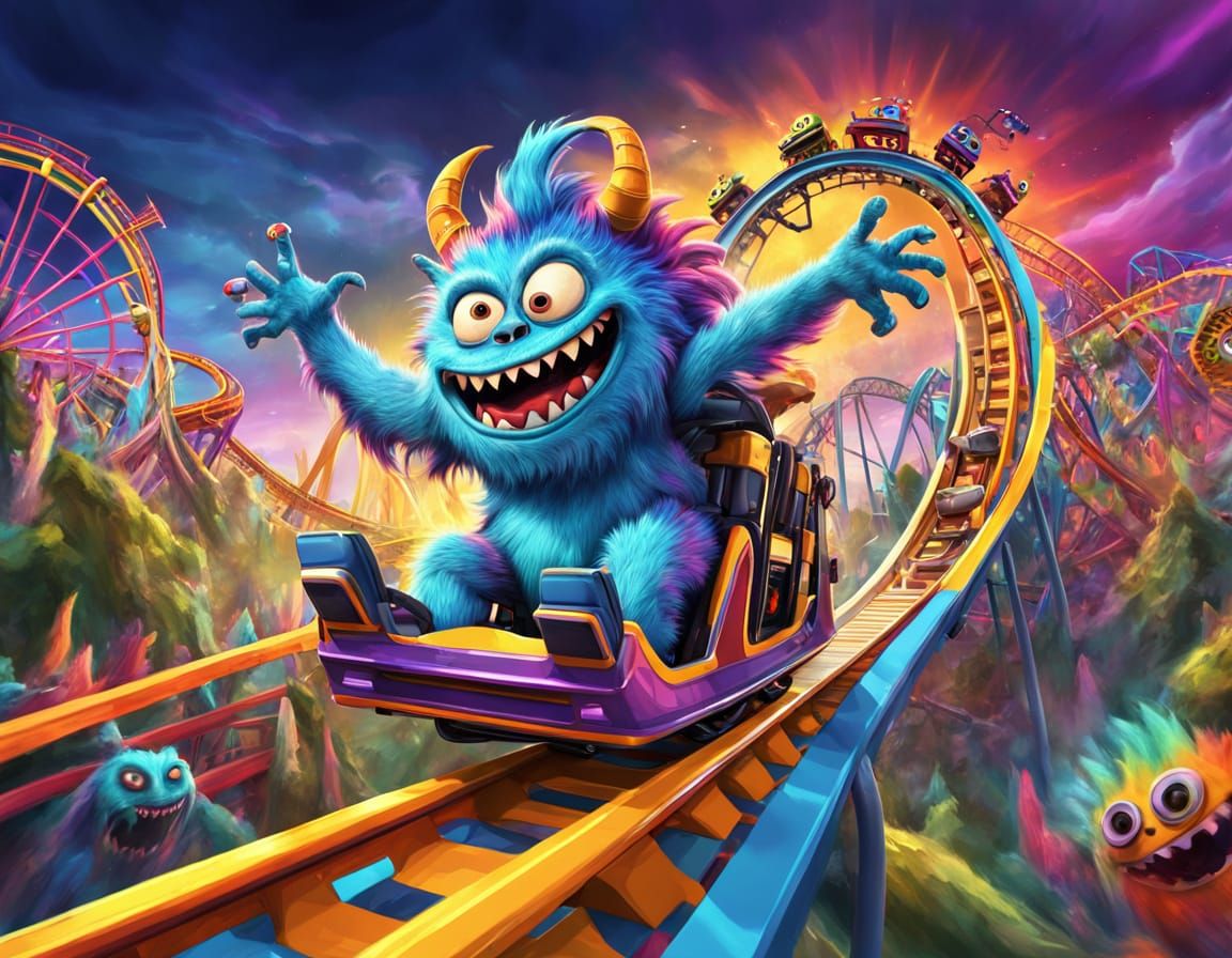 Happy Monster Rides Rollercoaster in Vibrant Theme Park