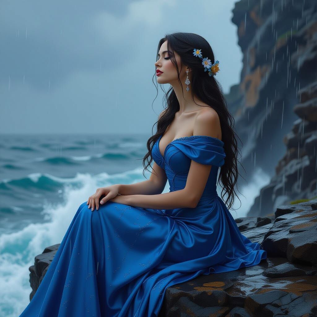 Woman in Blue Gown on Cliff in Art Nouveau Style