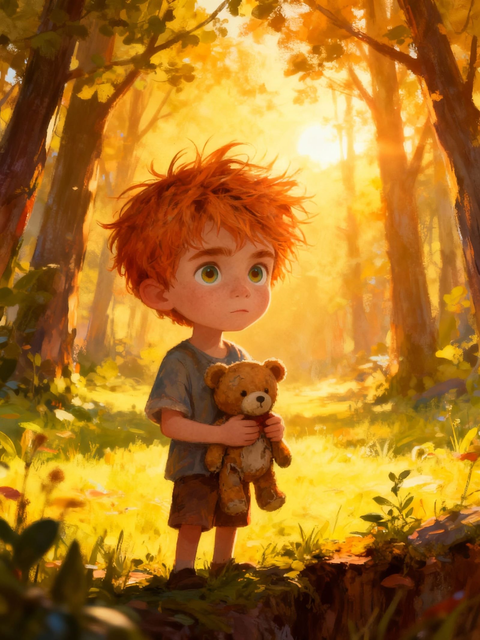 Boy and Teddy Bear in Sun-Dappled Forest Clearing