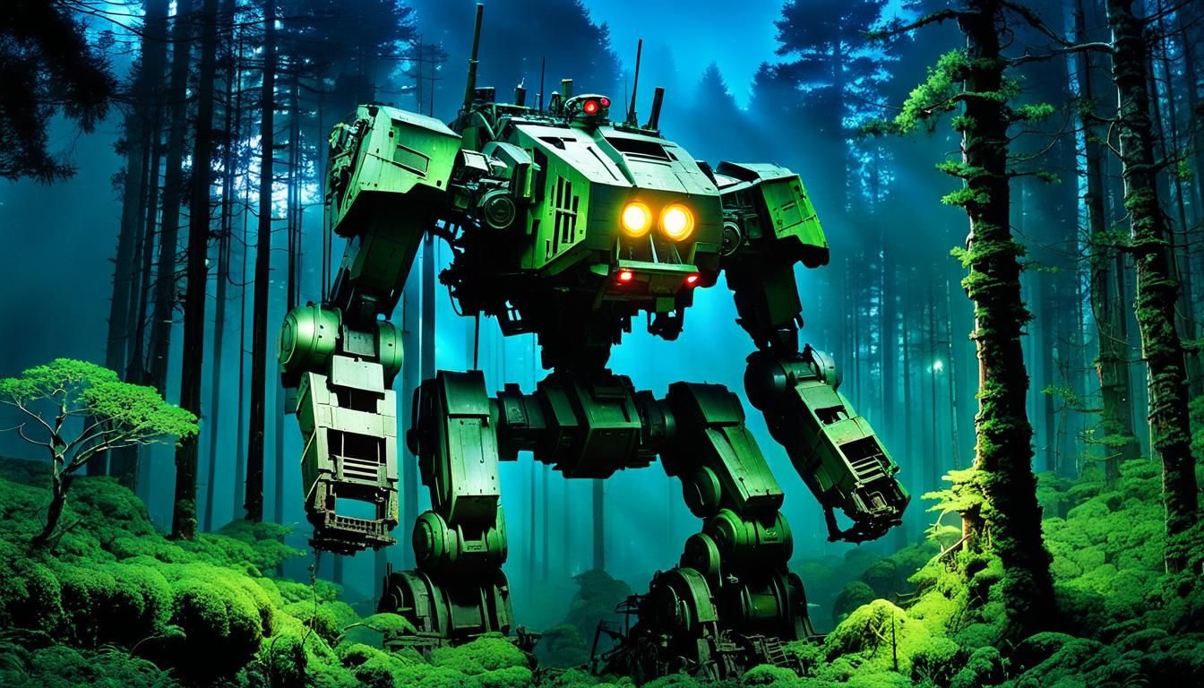 Abandoned Mecha in Forest, Hyperrealistic Concept Art