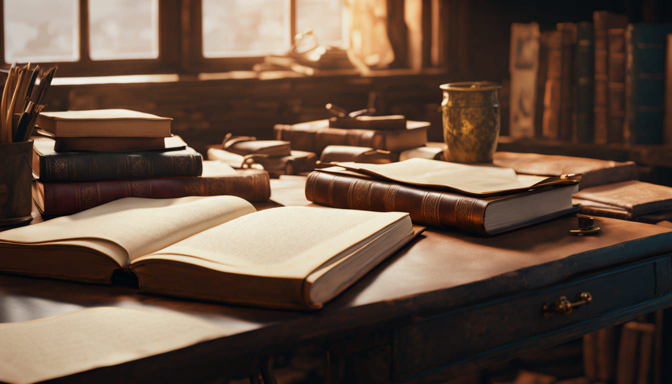 Hyperrealistic Desk Scene with Books and Papers