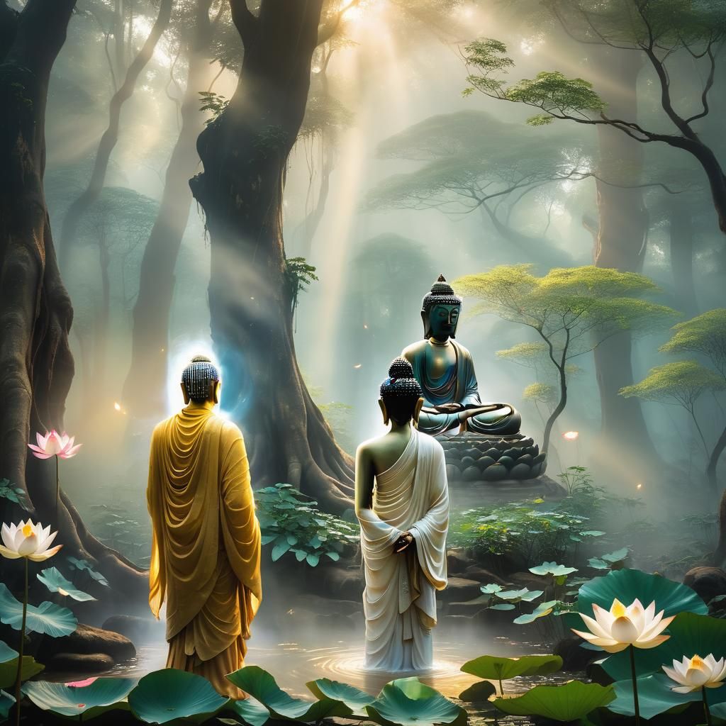 Subhuti and Buddha in Misty Forest, Impressionistic Splash A...