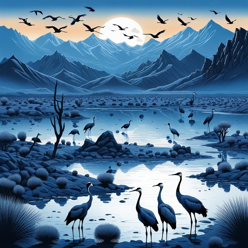 Twilight Watering Hole: Blue Monochromatic Comic Art