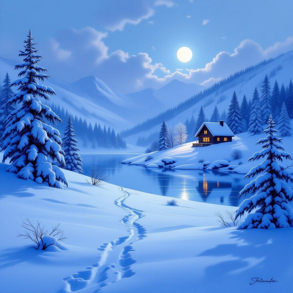 Serene Winter Landscape with Cabin in Pale Moonlight