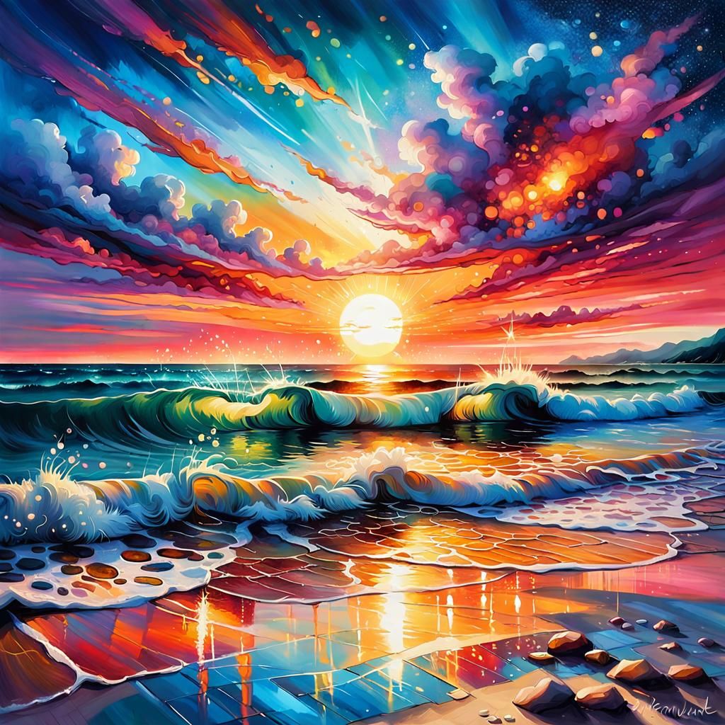 Vibrant Sunset Reflected on a Sparkling Beach
