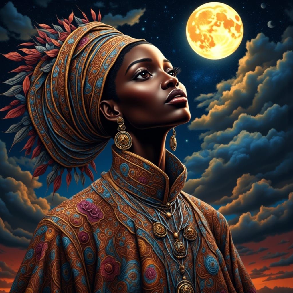 Moon Goddess Portrait in Art Nouveau Style