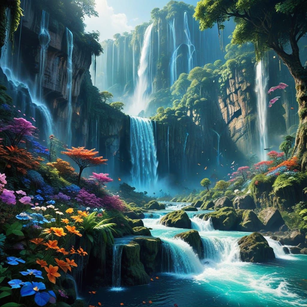 Enchanted Paradise Falls in Vibrant Bloom
