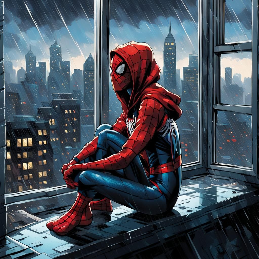Spider-Girl Gazing at Rainy Cityscape in Comic Art