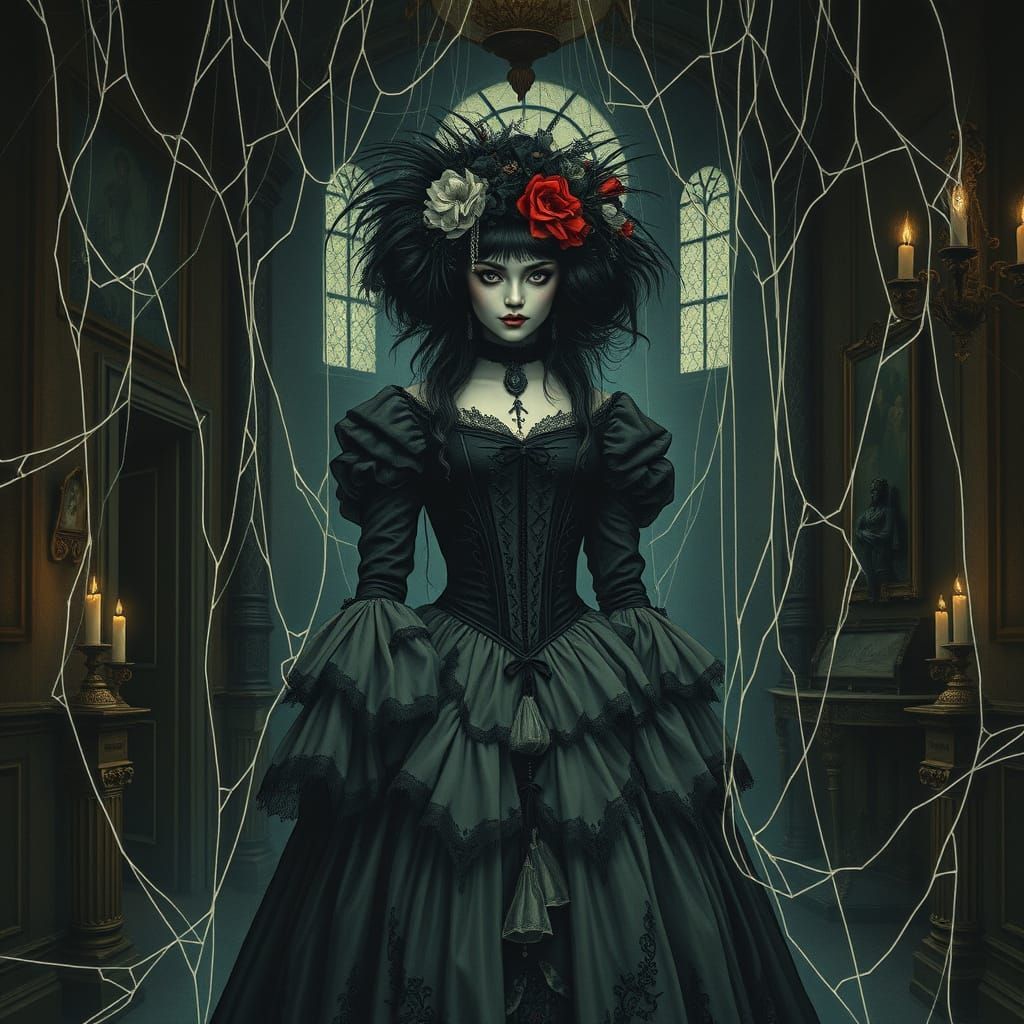 Gothic Beauty in Victorian Mansion: Surrealist Illustration