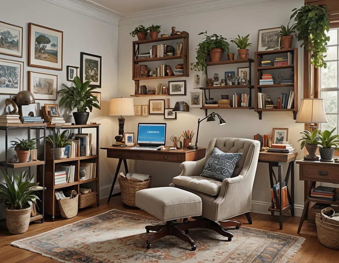 Eclectic Office Space with Greek Art, Detailed Matte Paintin...