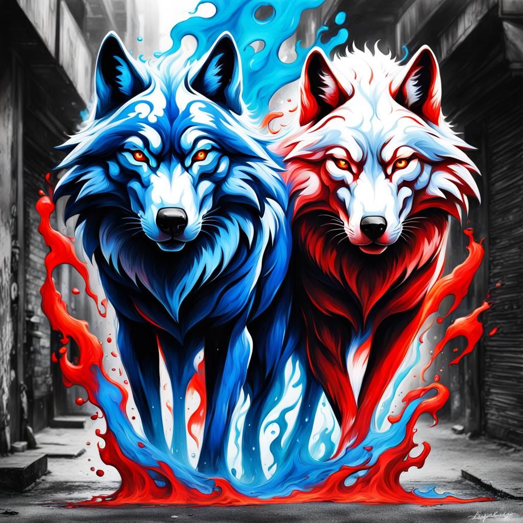 Fiery Wolf Spirits Taijitu in Graffiti Art Style