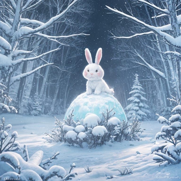 Ethereal Snowy Wonderland with Whimsical White Bunny