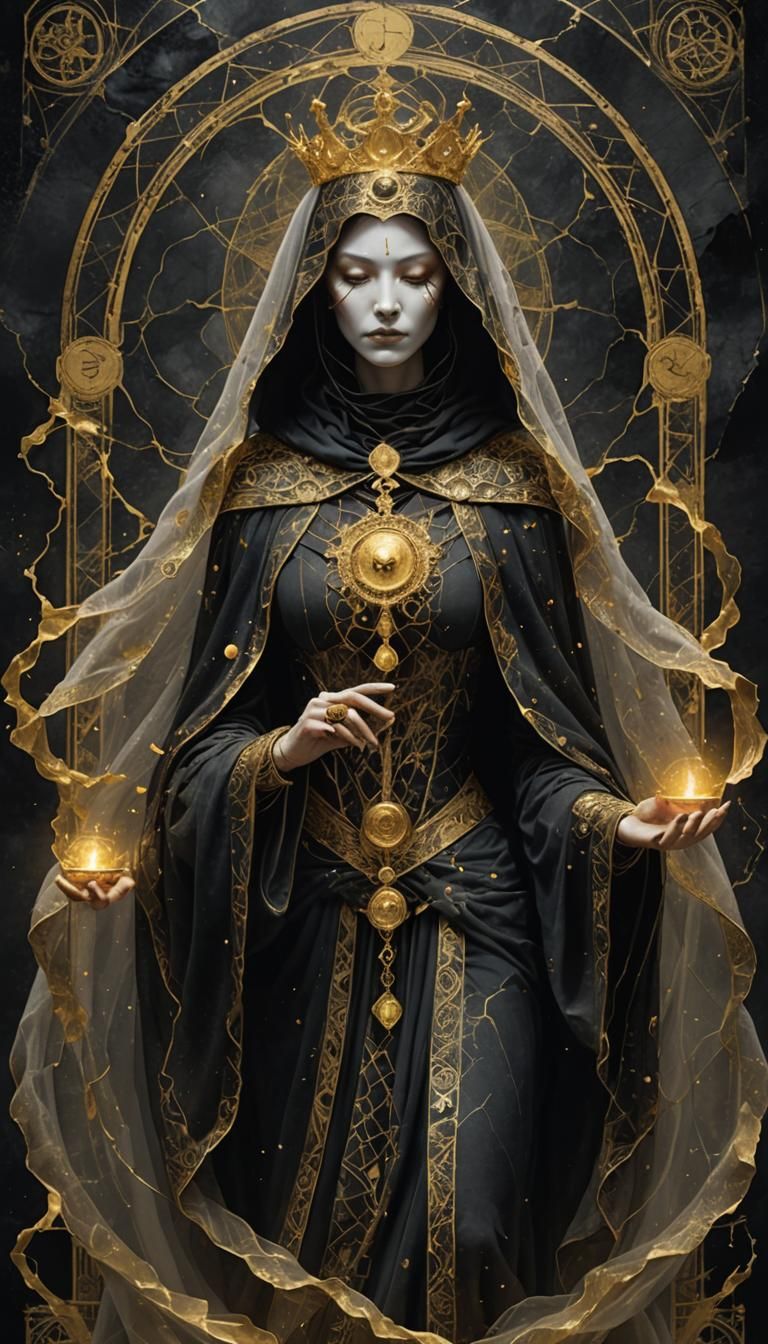 Mysterious Tarot Empress with Golden Kintsugi Repairs