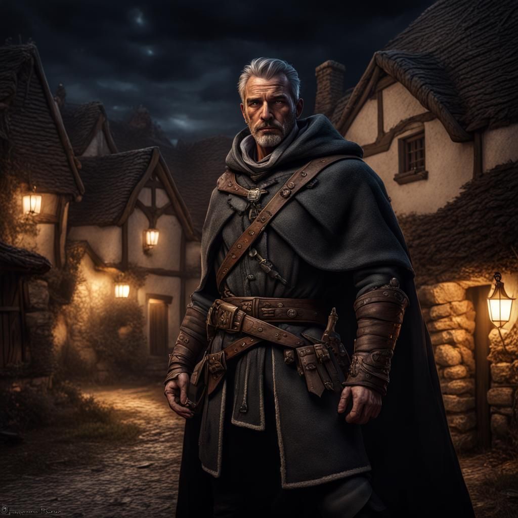 Noble Ranger Rogue in Village at Night: Hyperrealistic