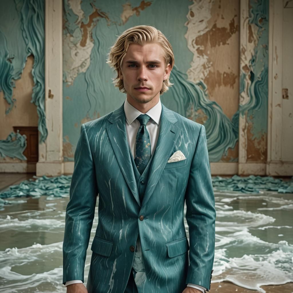 Man in Sea Wave Suit in Ballroom, Hyperrealistic