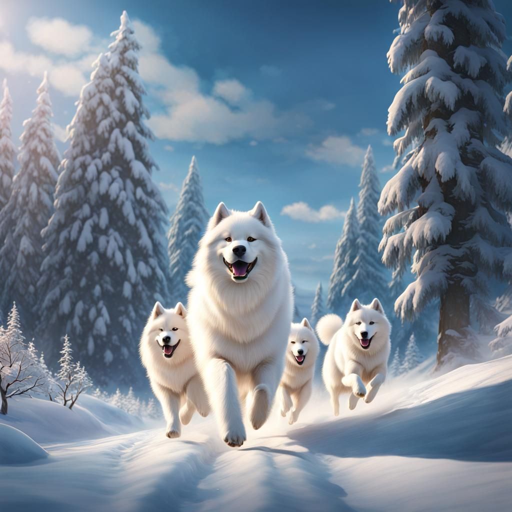 Samoyed Family Runs in Snowy Fantasy Art