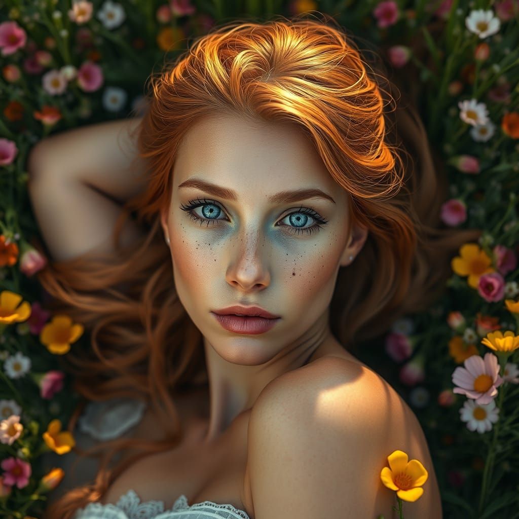 Ginger-Haired Woman in Flower Field, Detailed Portrait