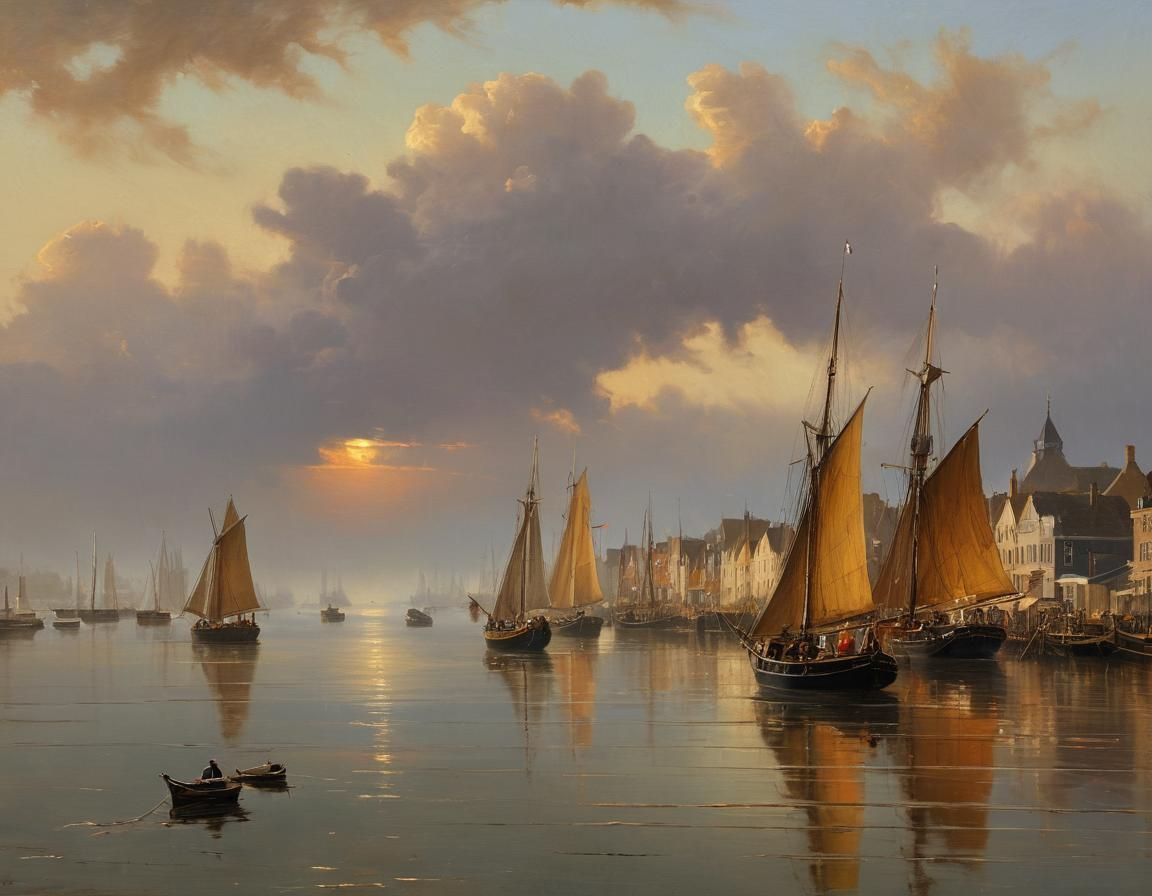Dutch Harbor Sunset: A Baroque Oil Painting