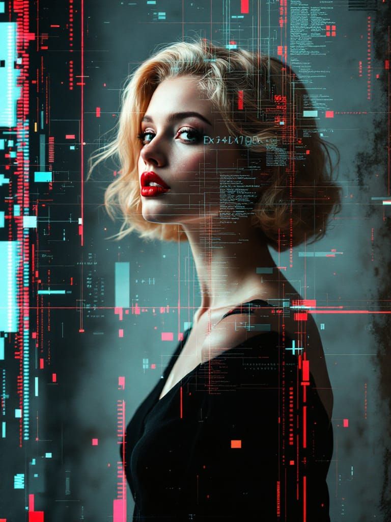 Cybernetic Pin-Up Woman in Glitch Art Style