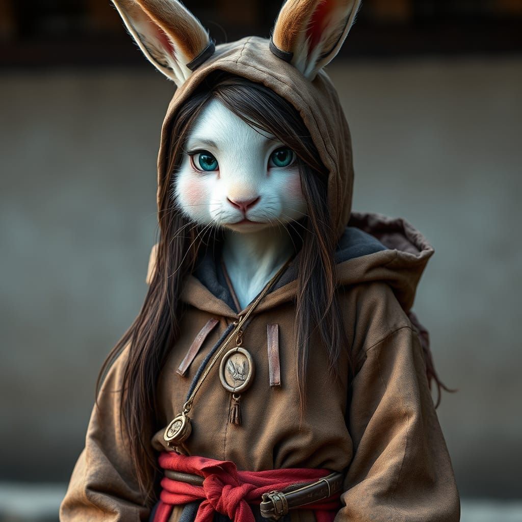 Korean Rabbit Girl with Hanbok and Accessories in a Gritty A...